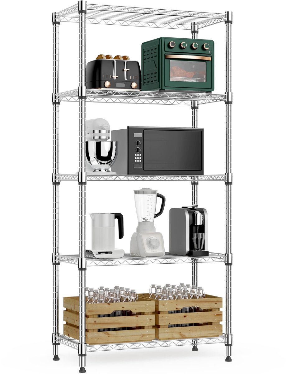 MZG Metalen Stellingkast met Verstelbare Planken, 5-Laags Opbergrek voor Garage, Berging, Wasruimte en Keuken, Vrijstaand Draadrek, 30×60×151,1 cm, Draagvermogen tot 567,5 kg, zwart