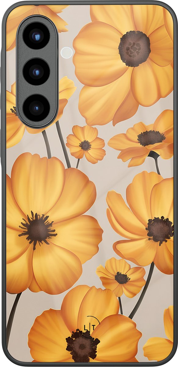 Hoesje geschikt voor Samsung Galaxy A56 - Golden bloom - Luxe Glazen Hardcase - Bloemen - Goud