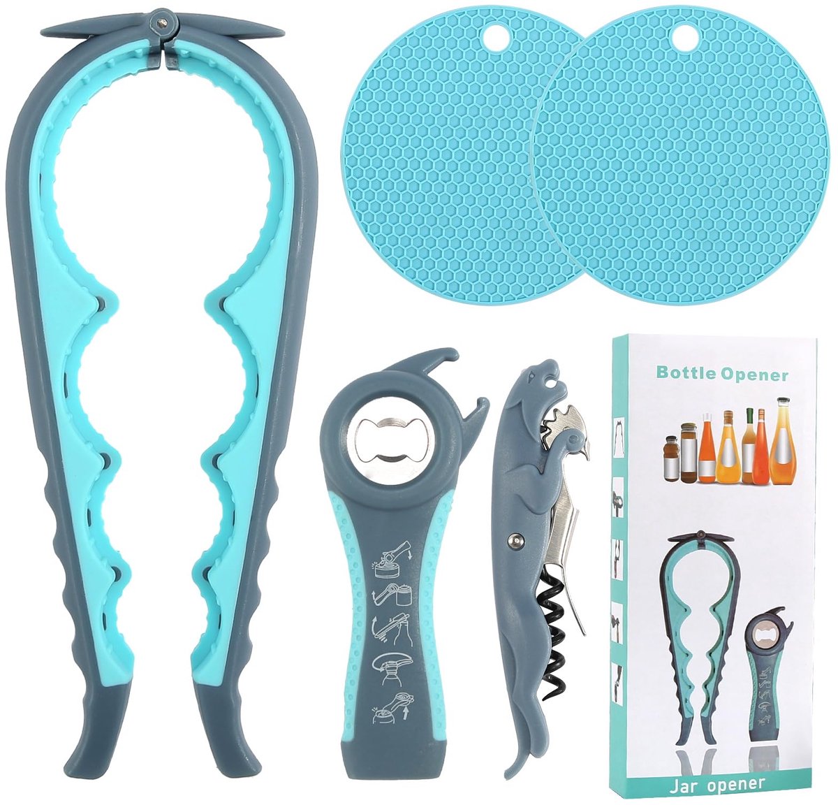 5-in-1 multifunctionele flesopener voor alle potten en glazen, flesopener voor senioren papa schroefdopopener glasopener dekselopener blikopener handmatig flesopener voor potten met schroefdop