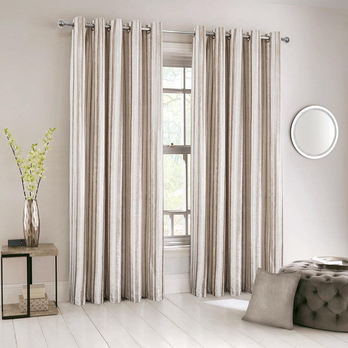 always4u 100% verduisterend gordijn, fluwelen gordijnen met lange strepen, dubbele thermische isolatie met oogjes, gordijn voor woonkamer, slaapkamer, keuken, elegant, beige, 140 x 260 cm, set van 2