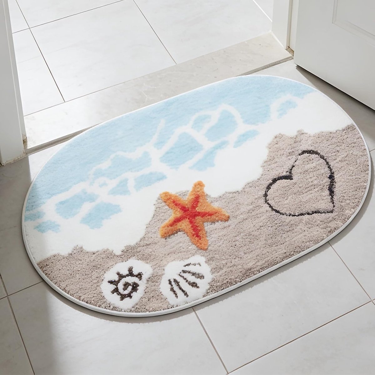 badmat, 50 x 80 cm, zachte pluizige badmat met zomerse stranddesign, antislip, wasbaar, antislip tapijt voor badkamer, douche