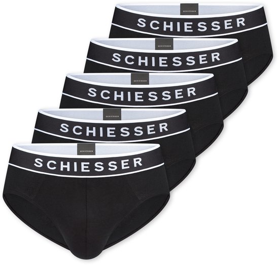 Vijf zwarte slips met witte SCHIESSER-band. Van bovenaf gefotografeerd.