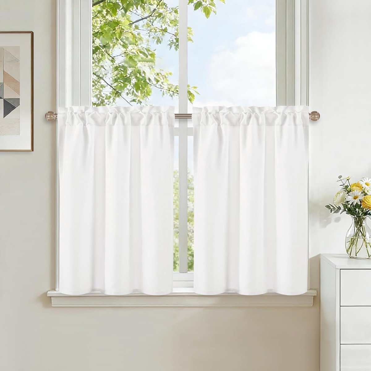 Linnen look vitrage wit keuken moderne gordijnen kort bistrogordijn set van 2 H 45 x B 90 cm met stangdoorgang landhuisstijl halftransparante gordijnen kastgordijn voor caravans gordijn kelder
