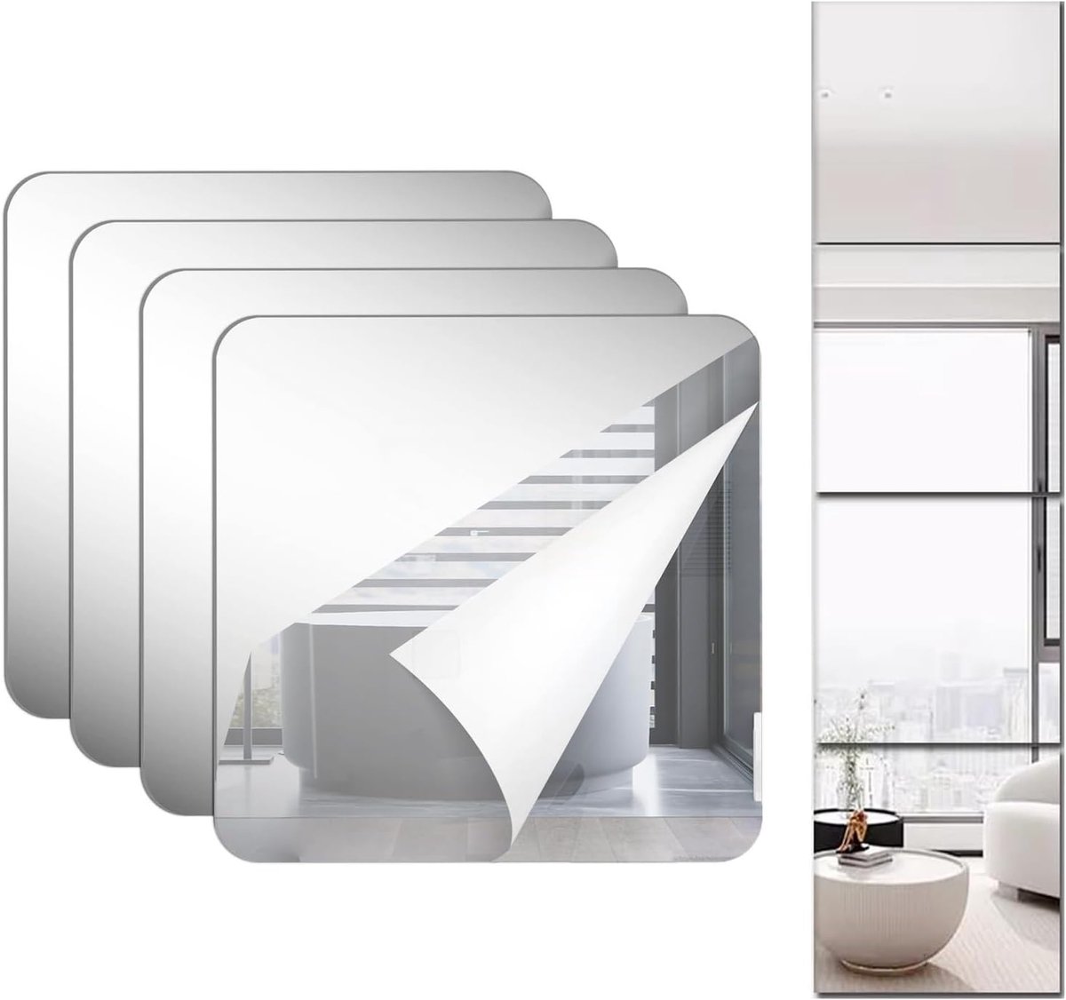 4 Stuks Flexibele Acrylspiegel, Zelfklevende Spiegeltegels, Frameloze Flexibele Spiegelplaat, voor Aan De Muur, Decoratie in Badkamer en Slaapkamer