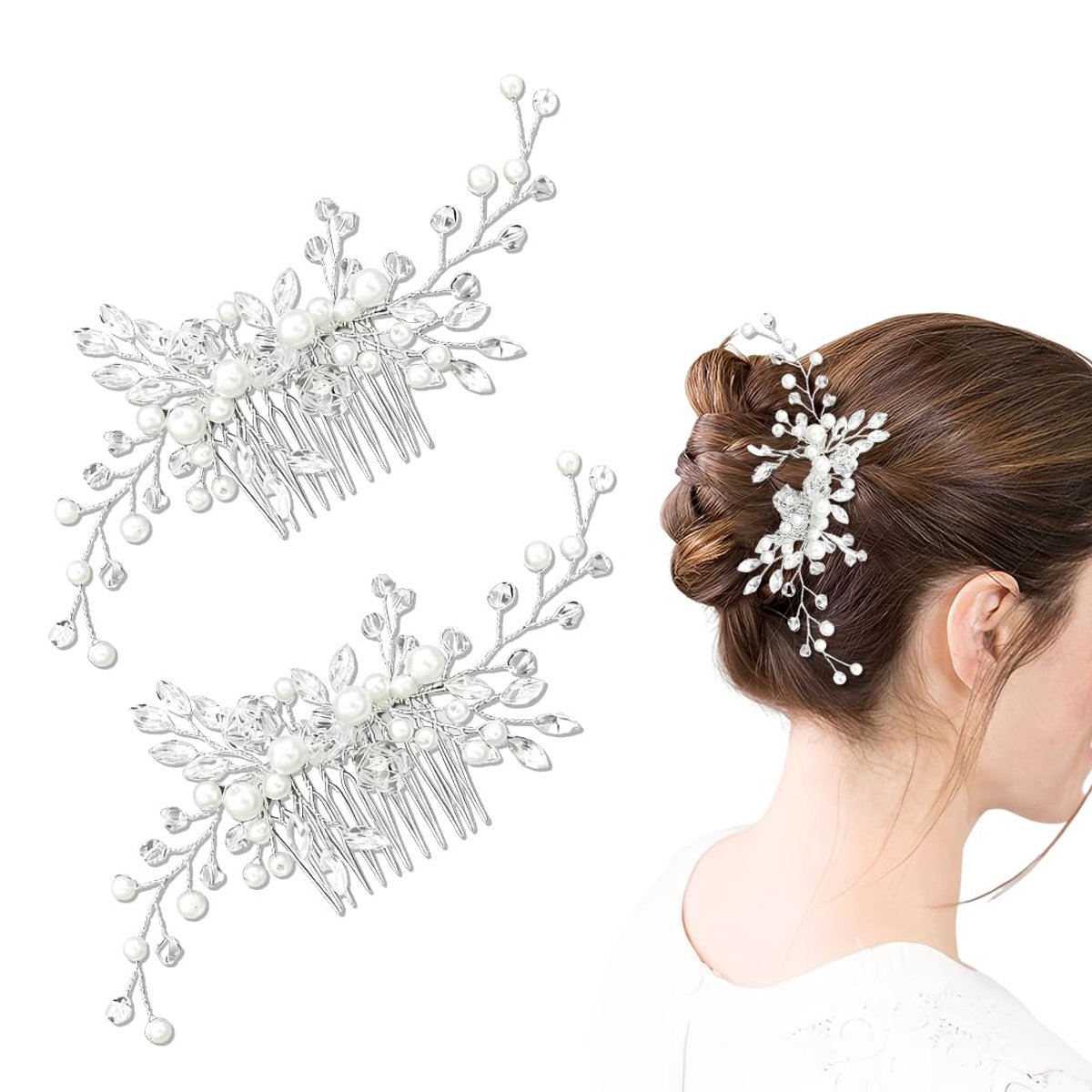 Haarspelden voor bruid, verzilverd, met kristallen, 2 haarkammen voor bruiloft en speciale gelegenheden, complete set voor dames en meisjes