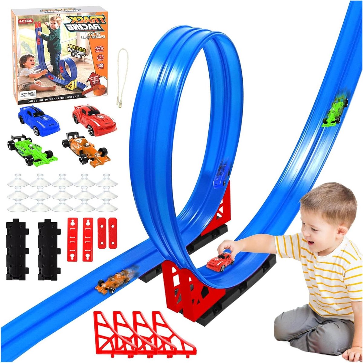 Autocircuit Set - Racebaan Flexibel - Kinderen Spelen - Met Zuignappen - 4 Meter Lang - Rood
