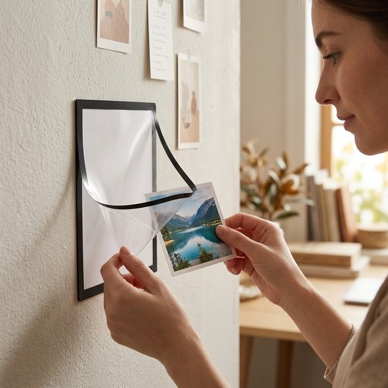 Een vrouw plaatst een foto van een bergmeer in een zwart magnetisch frame aan de muur.