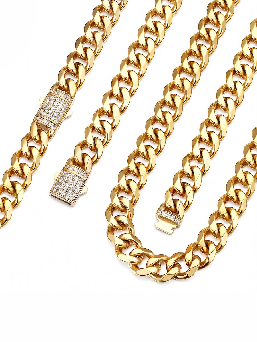 Halsketting voor heren, roestvrij staal, pantserketting, 6/9/12 mm breed, Cubaanse ketting, zilver/goud/zwart, schakelketting, hiphop-ketting met zirkoonsluiting, kettinglengte 46-76 cm