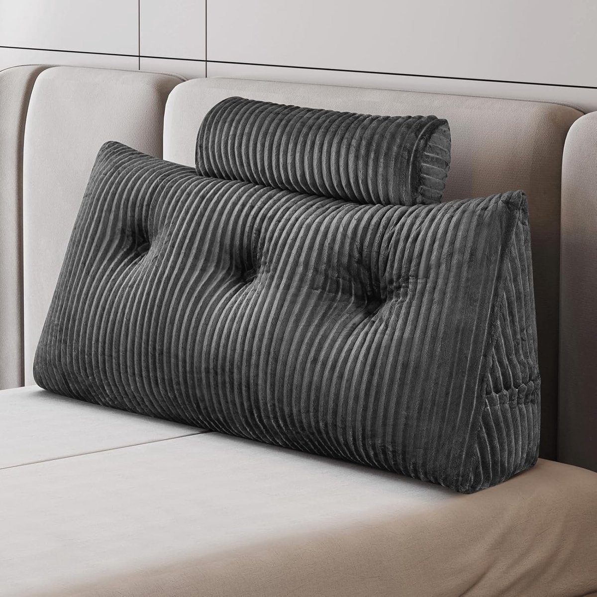 Boekenkussen, wigvormig kussen, leeskussen voor bed en bank, gezellig rugkussen, praktisch zijvak, verwijderbare hoes, met rond hoofdkussen (grijs, 100 x 50 x 20 cm)