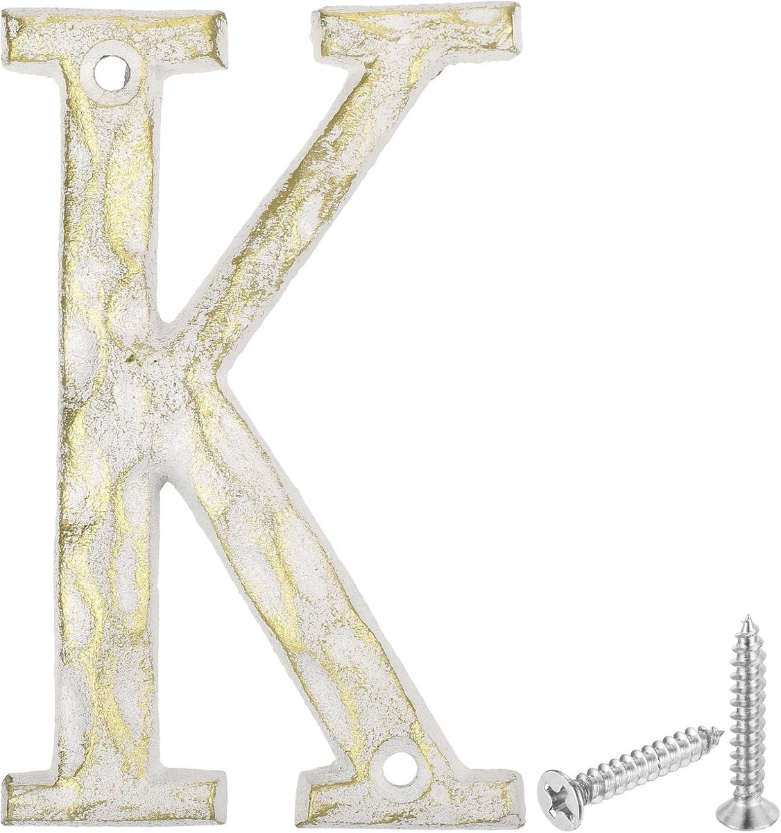 Huisnummer, metalen letters, alfaat, huisnummerbord, 14 cm, gietijzeren wandletter, letters K, buitenletters voor kantoor, brievenbusbord, wit en goud