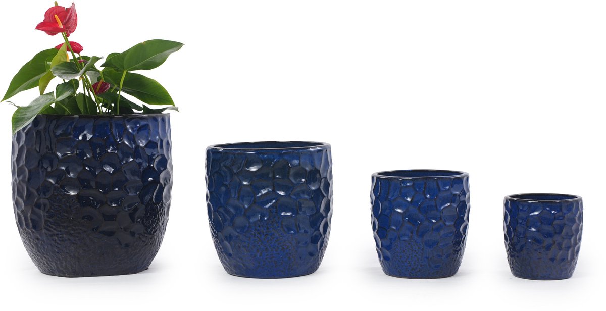 STILVORA Bloempot – Ø18 Cm – Keramiek – Donkerblauw – Met Drainagegat – Rond Hamerslagreliëf Voor Mini Vetplanten En Bureaukruiden