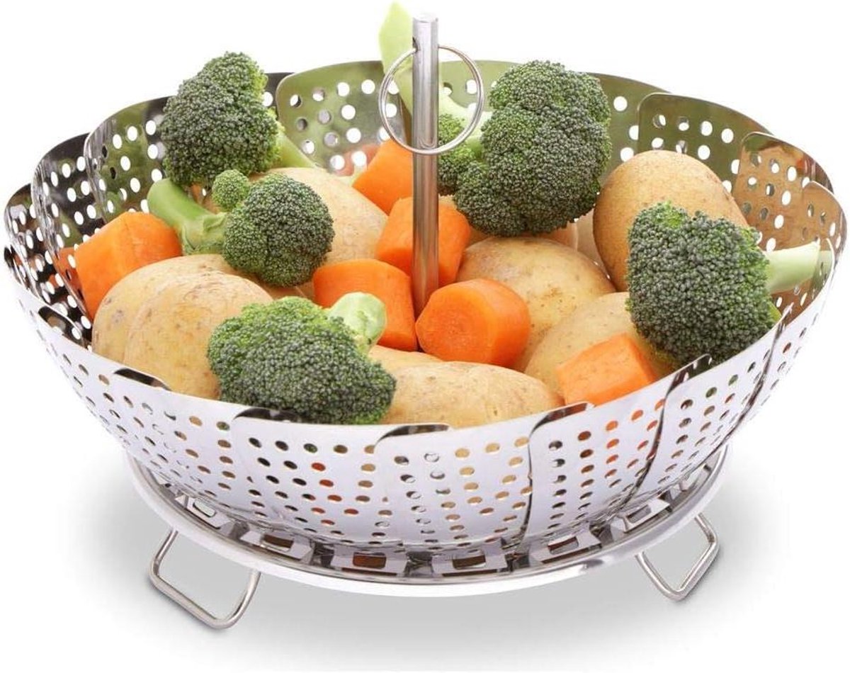 Stoominzet Pan - Stoommand Groenten - Gezond Koken - Verstelbare Diameter - 14-24 cm - Zilver