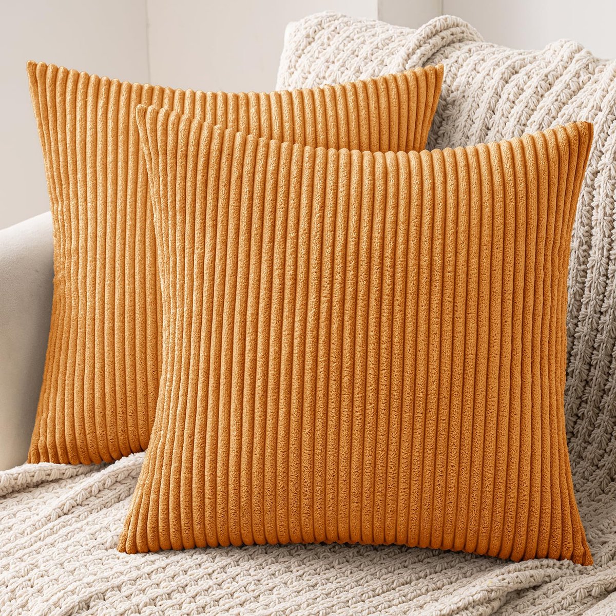 Kussenhoezen, 2 stuks, corduroy, decoratief kussensloop, bankkussen, sierkussen, decoratieve kussenhoes met verborgen ritssluiting, 40 x 40 cm, verbrand oranje
