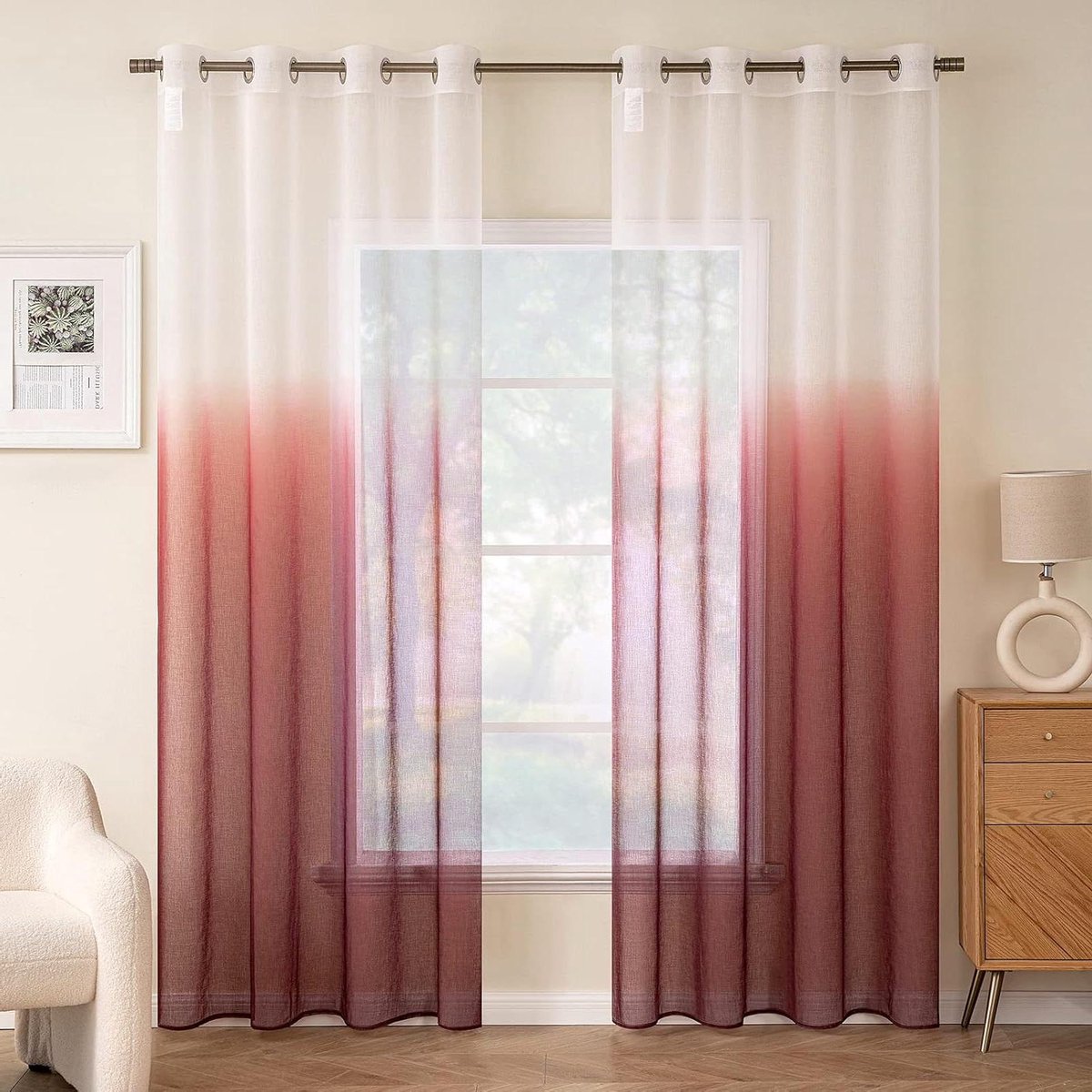Gordijnen met oogjes - Voile draperieën - Raamdecoratie - Kleurverloop design - 2 stuks 140x215 - Donkerrood