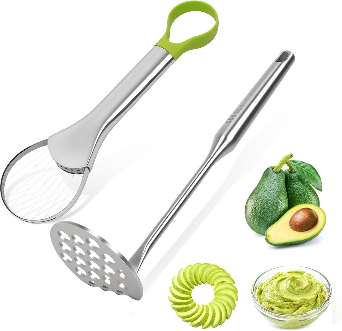 Avocado Snijder Set - RVS ontpitter - Avocadomes - Avocado ontpitter - Avocado tool - Avocado snijder - Pureestamper - Avocado in reepjes snijden - Keukengadget - Voor avocado's, aardappelen, drakenfruit en andere groenten en fruit - Groen