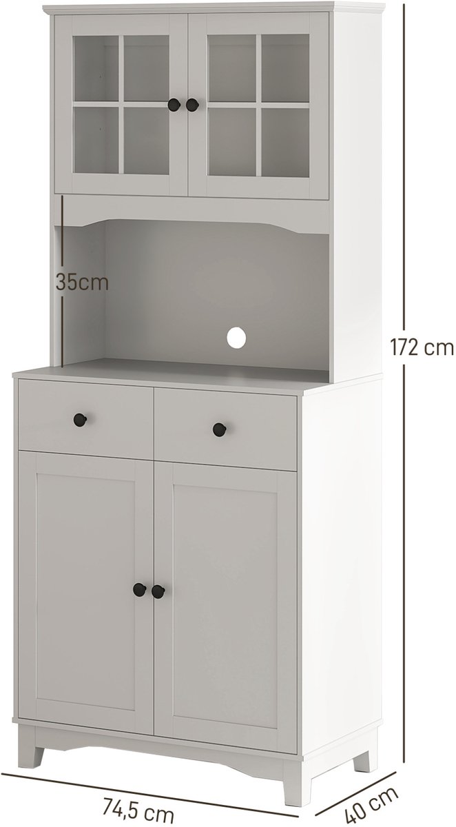 Wishdor - Keukenkast - Microgolfruimte en glazen vitrinedeuren - 2 lades en verstelbare planken - Modern - Keuken of eetkamer - Houtlook - Wit - 74,5 x 40 x 172 cm — afbeelding 5