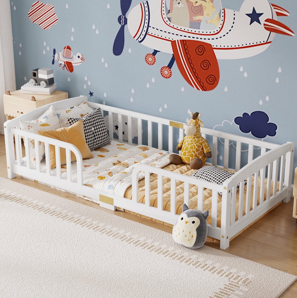 MIVRAY Kinderbed 90x200 cm - Vloerbed Met Uitvalbeveiliging en Centrale Instap - Zonder Matras - Grenenhout en Hout - Wit