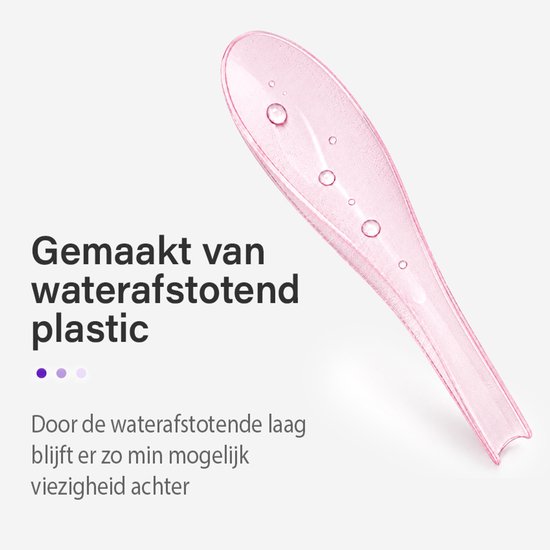 Roze plastuit met waterdruppels, tekst 'Gemaakt van waterafstotend plastic'.