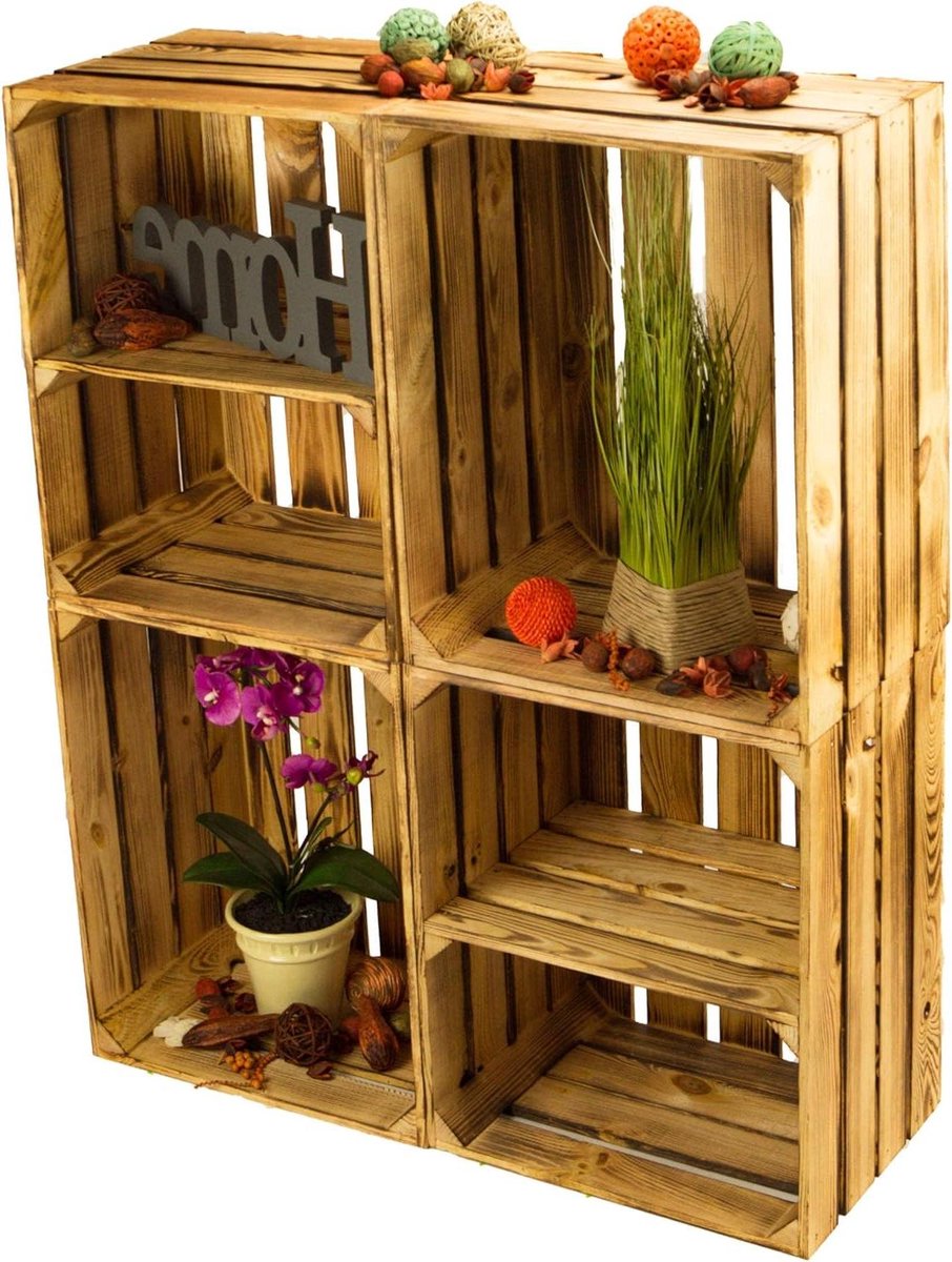 Houten Fruitkisten - Opslag Kisten - Woon Decoratie - Gevlamde Afwerking - Set van 4 - Gevlamd