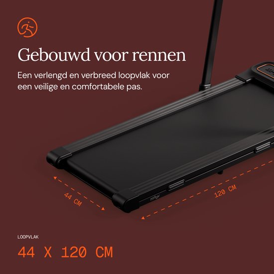Zwarte loopband met een extra lang en breed loopvlak van 44 x 120 cm voor een veilige pas.