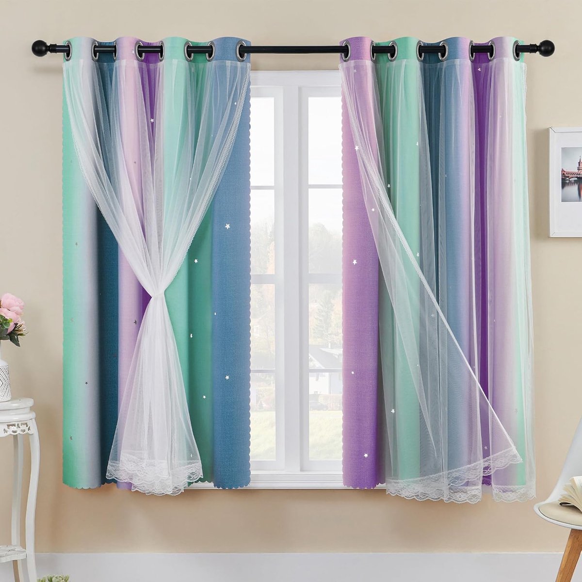 Verduisteringsgordijnen met net 137 cm Hollow Out Star patroon mix wit voile gordijnen met korte oogjes transparant voor kinderen tieners slaapkamer L132 cm