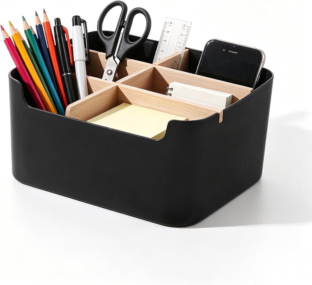 Bureau-organizer van bamboe met 5 afneembare vakken, multifunctionele tafel-organizer voor pennen, cosmetica en kleine voorwerpen, zwart en stijlvol design