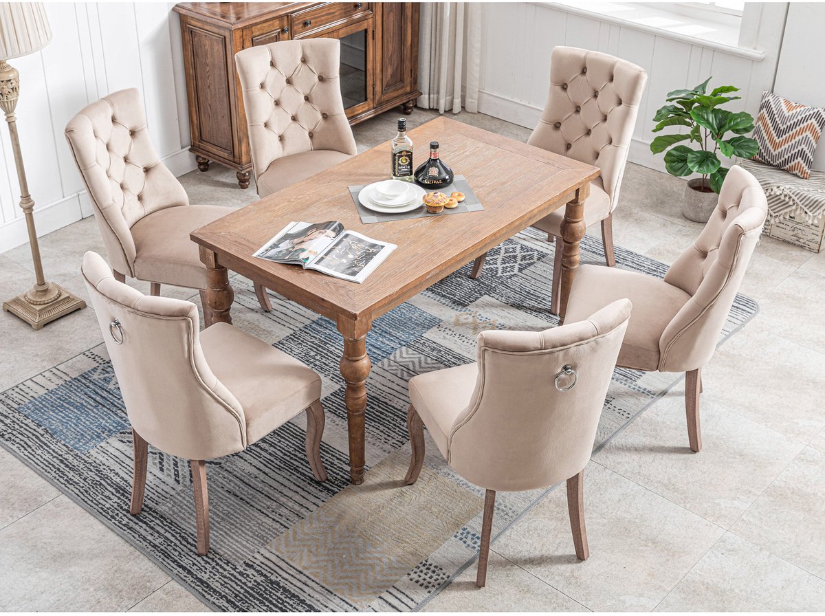 DESMIU Eetkamerstoel - 97 x 51 x 47 cm - Set Van 6 Met Hoge Rugleuning En Knopen - Voor Eetkamer En Keuken - Velvet Beige