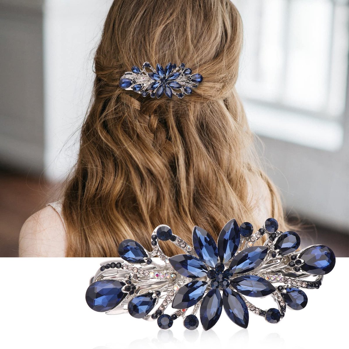 Bloem haarspelden, vintage strass stijl barrettes, luxe sieraden ontwerp haarspeld, metalen veer haarspeld clips, haar accessoires voor vrouwen meisjes (blauw)