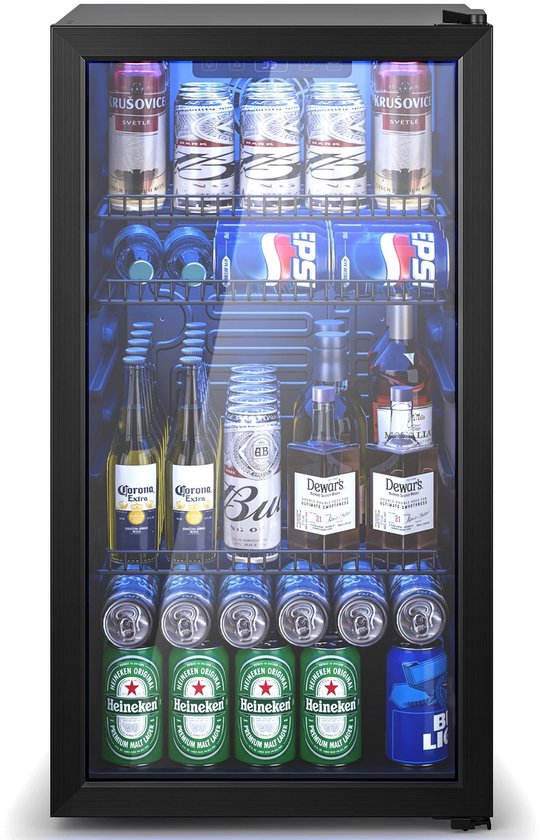 Flolife - Drankenkoelkast 90L - Drankkoeler - Minibar - Bierkoelkast - Frisdrankkoelkast - Wijnkoelkast - 128 Blikjes - Dubbel Glas - LED Verlichting - Verstelbare Planken - Zwart - Energieklasse C