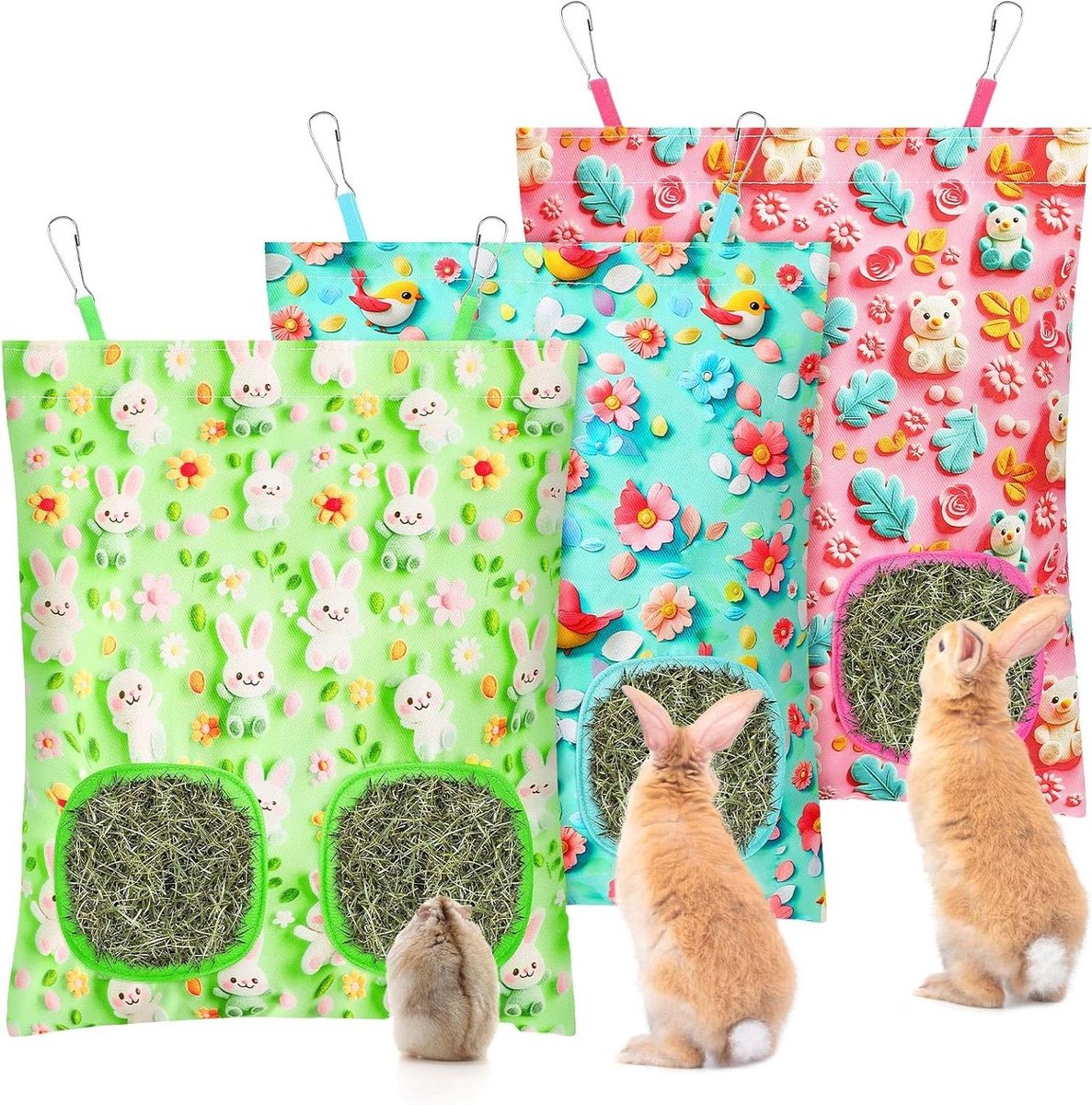 Hooivoeder Konijnen - Kleine dieren - Netjes voeren - Praktisch ontwerp - 3 stuks - Blauw Roze Groen