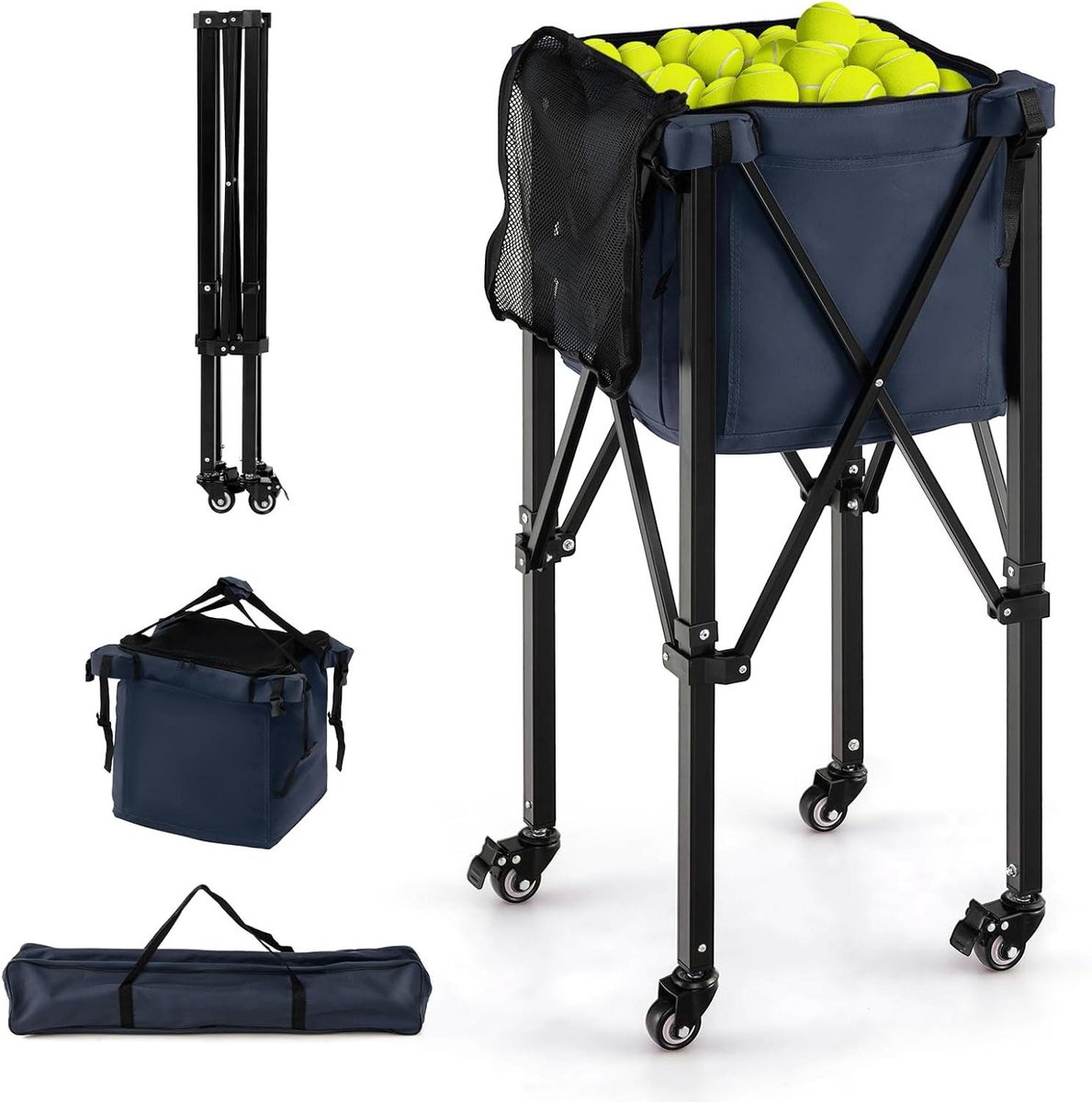 Opvouwbare Balwagen - Tennis Mand - Sport Training - Lichtgewicht Aluminium - 150 Ballen Capaciteit - Zwart Blauw