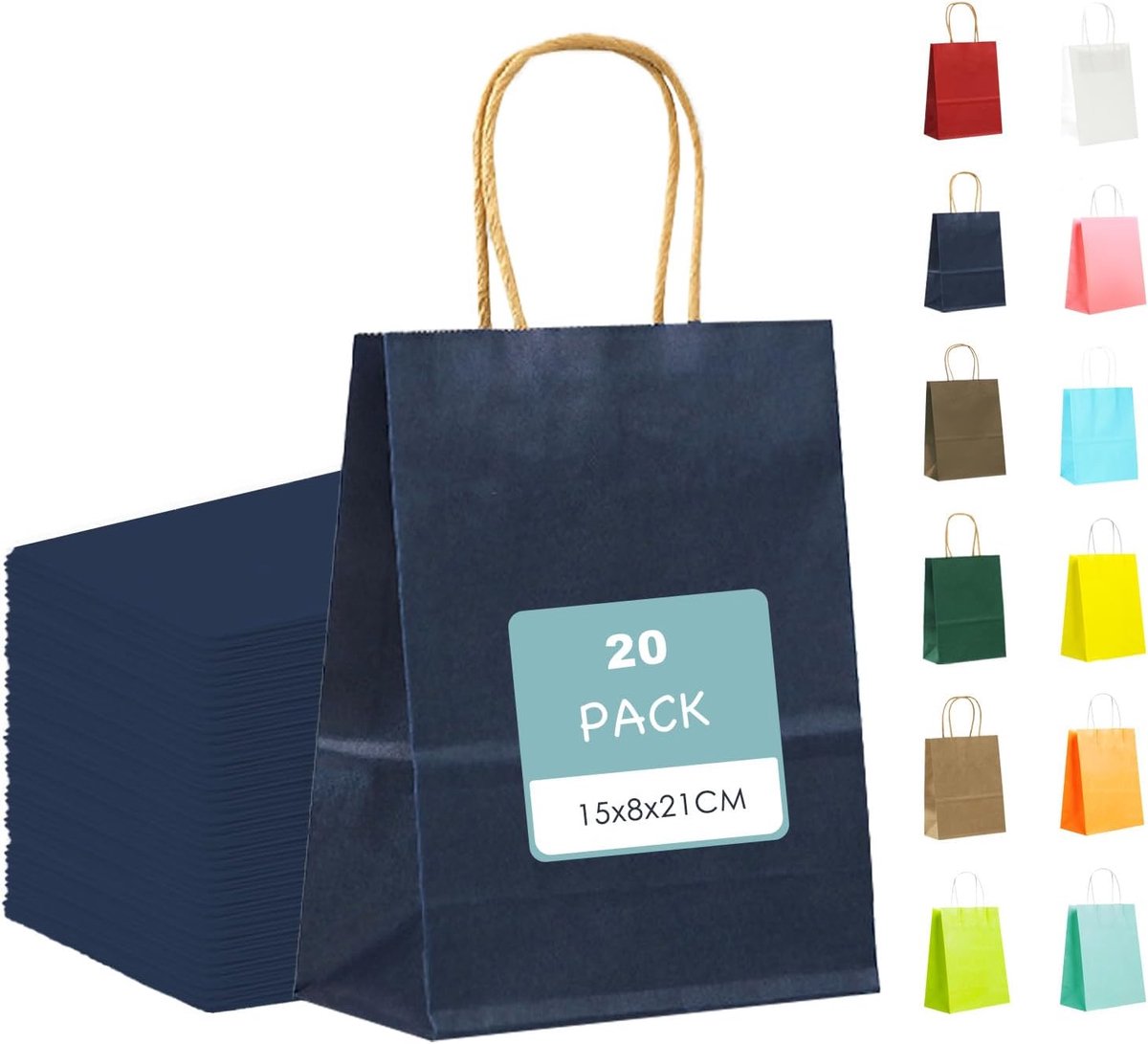 20 stuks blauwe papieren geschenkzakjes, kleine feestzakjes voor kinderfeestjes, 15 x 8 x 21 cm snoepzakjes met handgrepen, kleurrijke tassen voor kindercadeaus, verjaardag, bruiloft