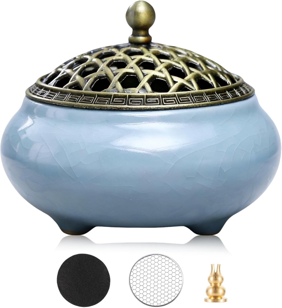 wierookbrander vintage wierookbrander met metalen deksel en vuurvaste wierookstokjeshouder, houder, rond, Chinees porselein, blauw