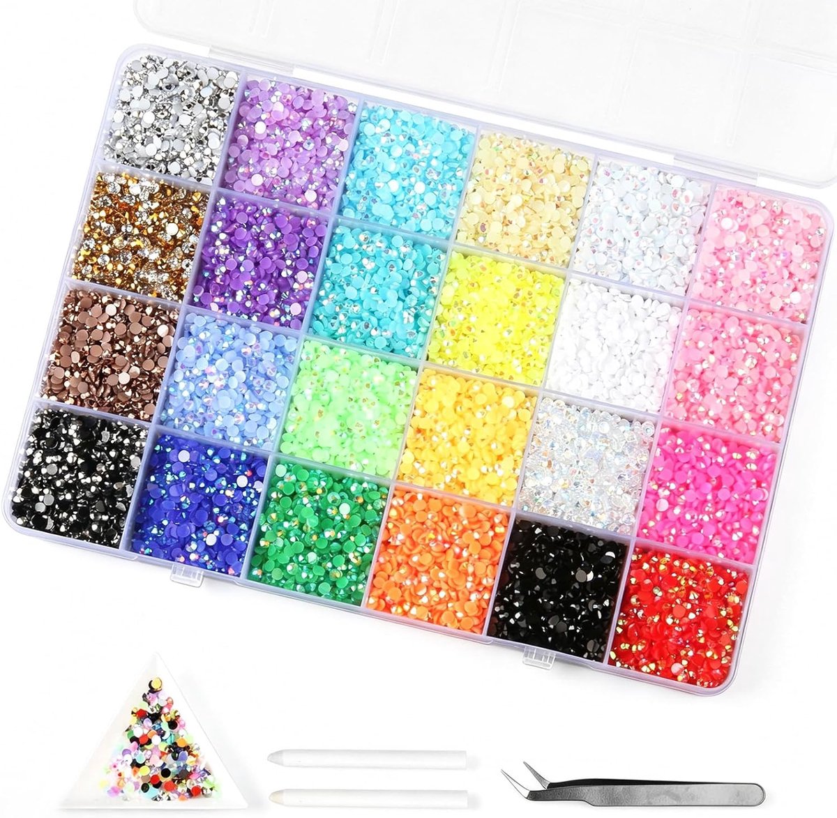 24 kleuren strass-steentjes, 3 mm strass-steentjes voor bedazzling, nagelsteentjes met pincet en pen, glitterstenen nagels, glitterstenen voor handwerk, nagels, diamond painting