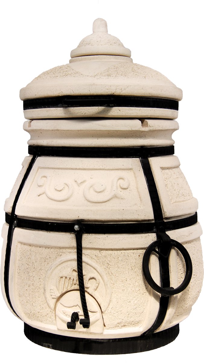 Tandoor Skif (klapdeksel) – Keramische houtgestookte buitenoven, verticale Kamado voor vlees, groenten en brood – Met 12 XL-spiesen & accessoires – 6 cm dikke wanden voor perfecte warmteopslag – 90 cm – 125 kg - 75L *** Met beschermhoes en onderstel