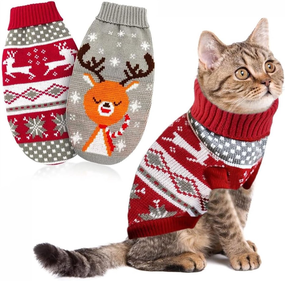 Truien, sneeuwvlokken, rendiermotief, gebreide winterkleding, warme huisdiertrui voor kittens en kleine honden, M, rood