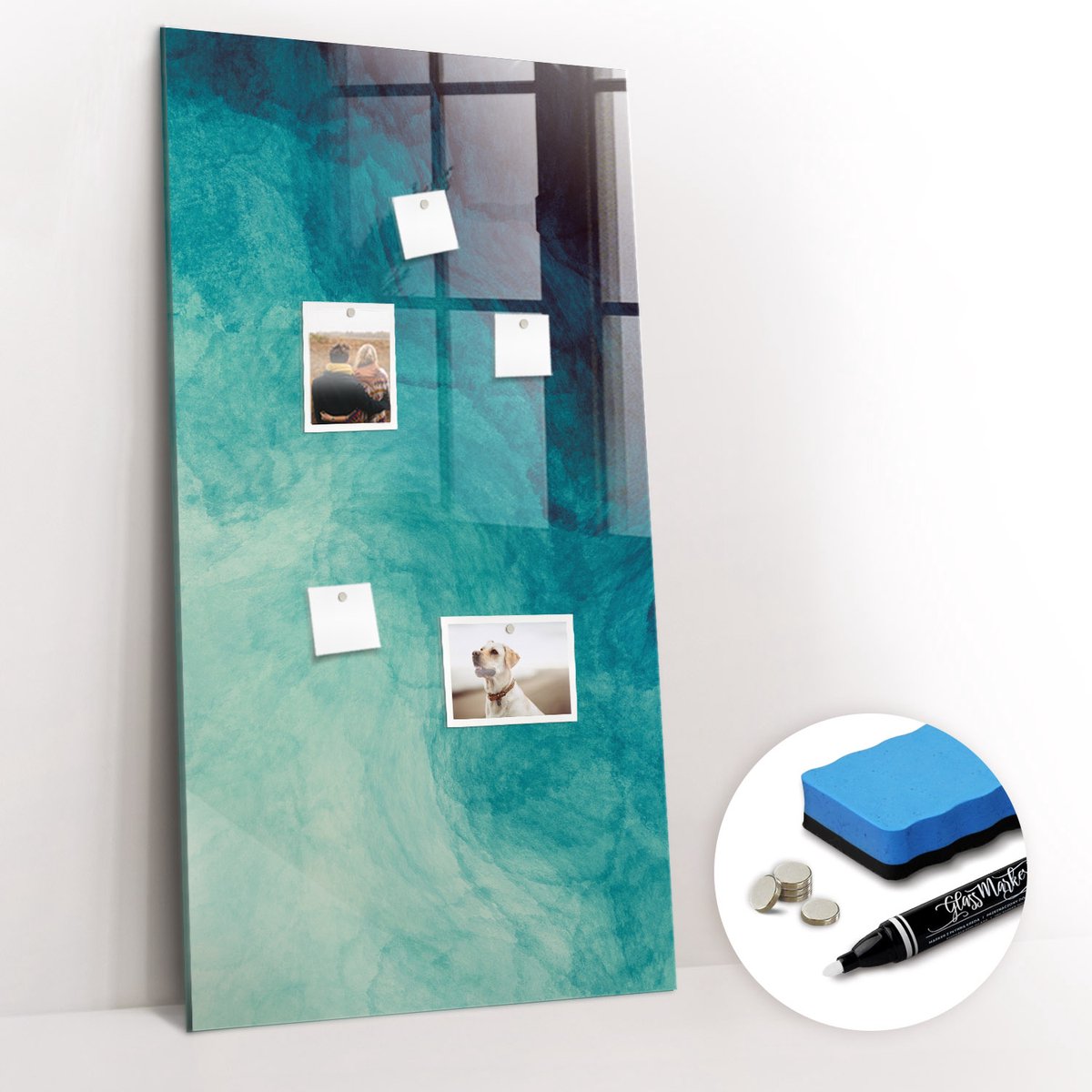 Tulup Whitebord - Mariene abstractie - 60 x 120 cm - Turkoois Magneetbord Foto - Gratis 5 Sterke Magneten + Whiteboard Marker & Wisser - Wanddecoratie Kantoor - Memobord Glas - Inspiratiebord Kantoor
