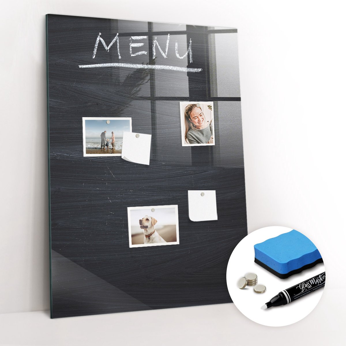 Tulup Whitebord - Menukaart - 70 x 100 cm - Zwart Memobord Glas - Gratis 5 Sterke Magneten + Whiteboard Marker & Wisser - Design Memobord - Magnetic Board - Inspiratiebord Kantoor