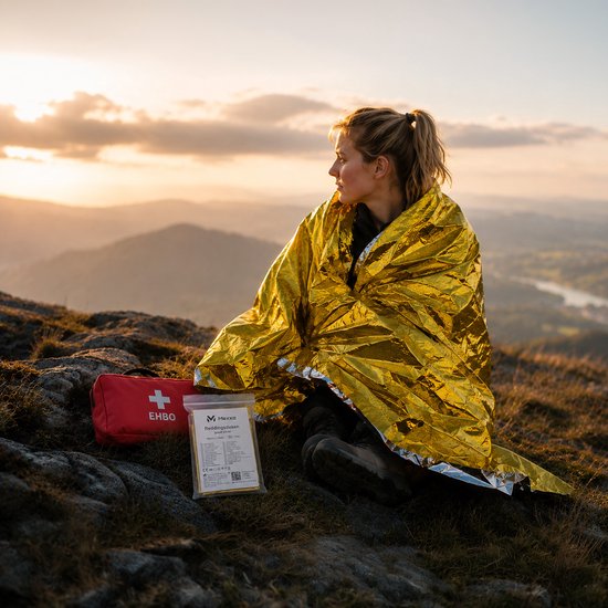 Vrouw op een bergtop, omgewikkeld in een gouden reddingsdeken, met een EHBO-tas ernaast.