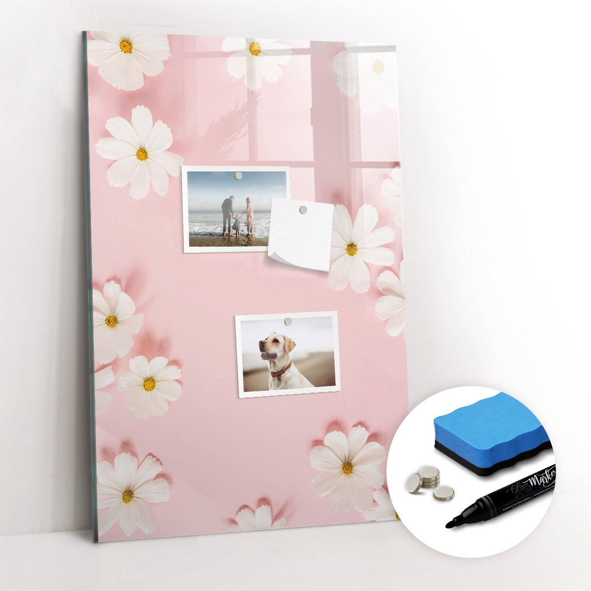 Tulup Whitebord - Madeliefjes - 40 x 60 cm - Roze Decoratieve magneetborden met print - Gratis 5 Sterke Magneten + Whiteboard Marker & Wisser - Interieur Accessoires Kantoor - Magnetic Board - Ideeënbord Thuiswerkplek