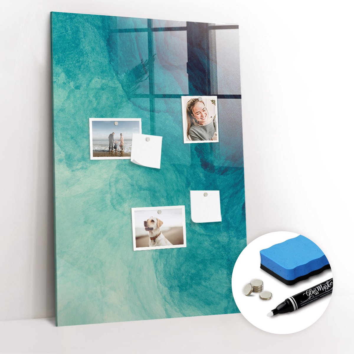 Tulup Whitebord - Mariene abstractie - 60 x 90 cm - Turkoois Magneetbord Design - Gratis 5 Sterke Magneten + Whiteboard Marker & Wisser - Moderne Wanddecoratie - Memobord Keuken - Planning Muur