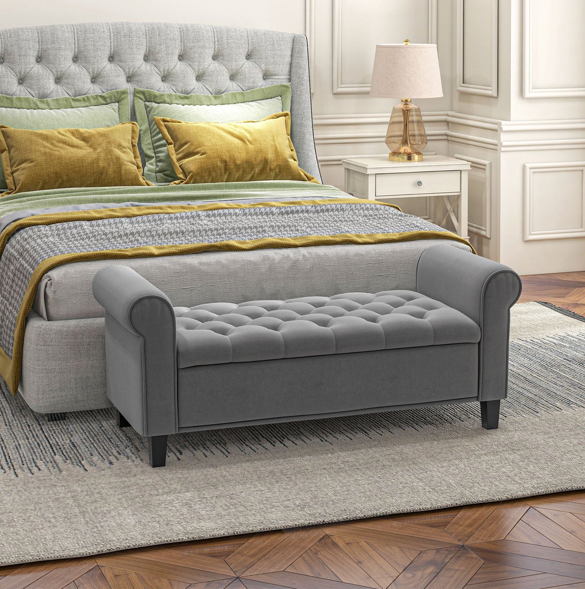 MEUNIQ bedbank met opbergruimte 126 x 48,5 x 57 cm, gestoffeerde zitbank met armleuningen, knopen en klepdeksel voor slaapkamer, hal of beduiteinde, grijs