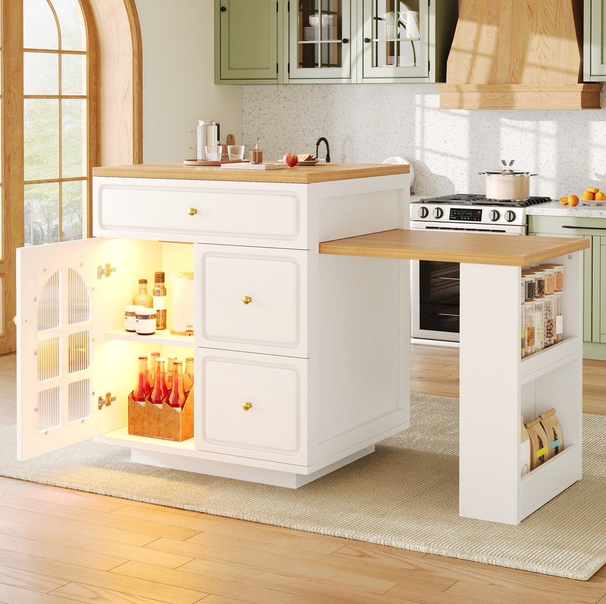 MIVRAY Keukenkast - Uitschuifbaar Keukeneiland Met Laden En RGB LED - Voor Keuken En Eethoek - MDF Glas Metaal - Wit - 122,5-195,5x59x93,5 Cm