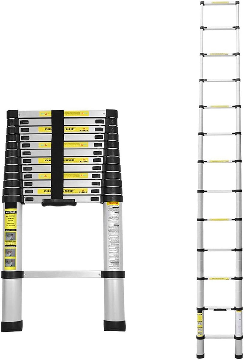 Telescopische Ladder - Inklapbare Ladder Aluminium - Kluswerk Binnen Buiten - Veilig Veervergrendelingsmechanisme - 38 meter - Zilverkleurig