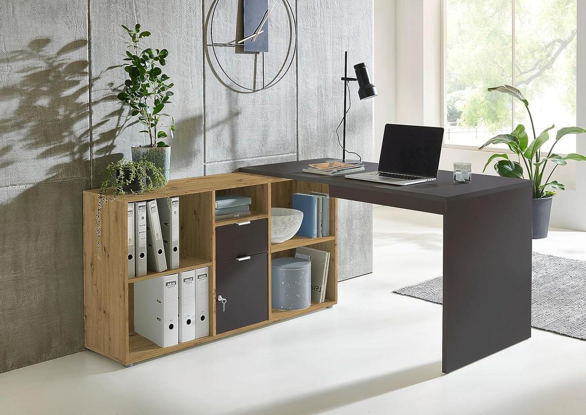 Hoekbureau - Computertafel Kantoortafel - Thuiskantoor Inrichten - Afsluitbaar Vak - 131 x 74 x 67 cm - Antraciet Artisan Eiken