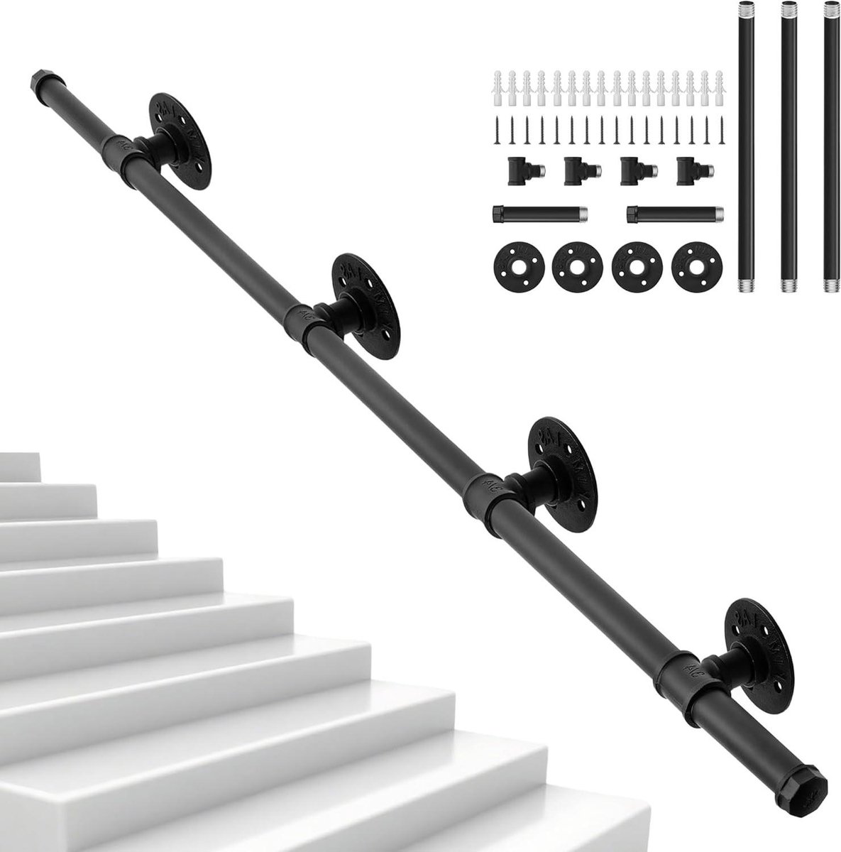 Smeedijzeren Leuning - Trapleuning Wandmontage - Veilig Traplopen - Roestwerende Coating - 245 cm - Zwart