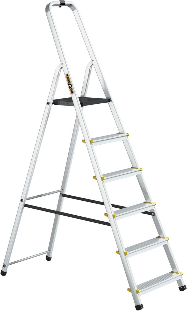 Aluminium Huishoudtrap - Vouwtrap Steiger - Klusjes Binnenshuis - Met Gereedschapshaak - 6 Treden - Aluminium