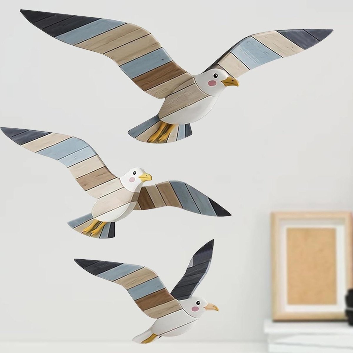 Houten Wanddecoratie - Zee Decoratie - Woonkamer Aankleden - Set van 3 stuks - 30 cm - Blauw Wit Beige