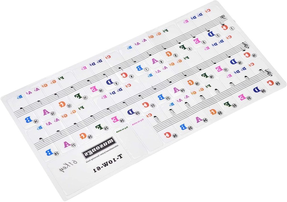 Pianotoetsen Stickers - Toetsenbord Labels - Piano Leren - Grote Kleurrijke Letters - 61 Toetsen - Transparant
