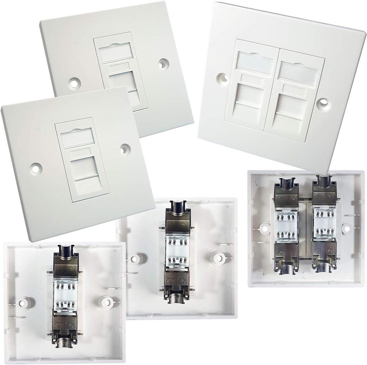 Netwerk Wandplaten - RJ45 Stopcontacten - Internet Installatie - Zonder Gereedschap Montage - 1x Dubbel 2x Enkel - Zilver